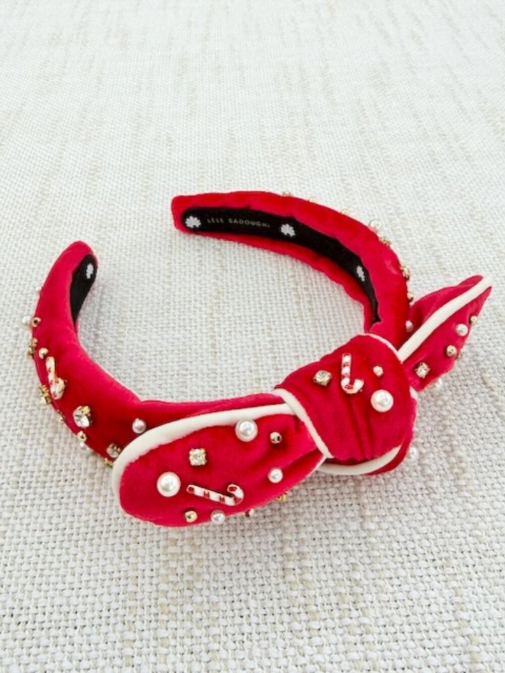 Lele Sadoughi Red Velvet Candy Cane Knot Headband Pearl Crystal Christmas EUC